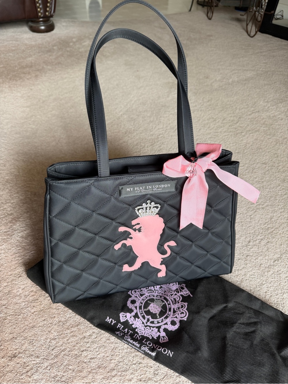 My Flat in London Black Quilted Tote with Pink Lion and Bow
